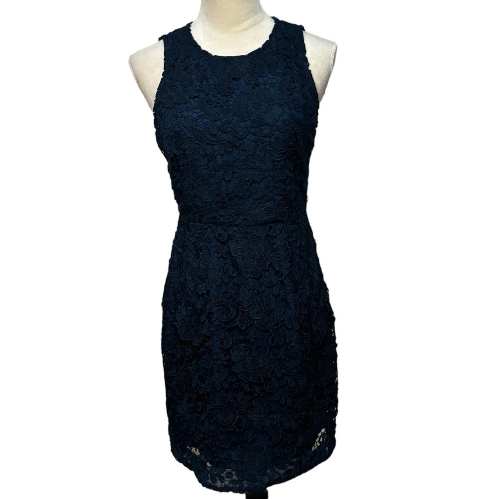 J. Crew Navy Blue Floral Lace Sleeveless Cocktail Bodycon Formal Dress Size 4